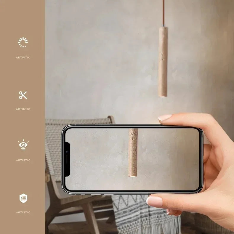Neri travertine pendant light feature overview showing warm lighting and mobile-style control detail