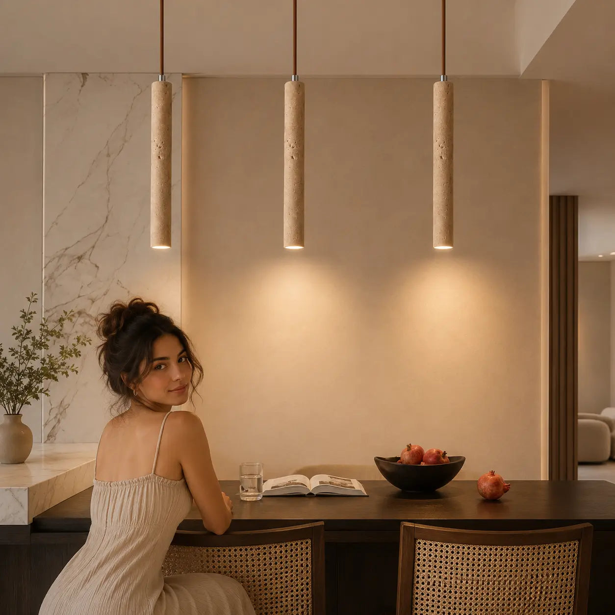 Multiple Neri travertine pendant lights creating warm focused lighting above a dining table
