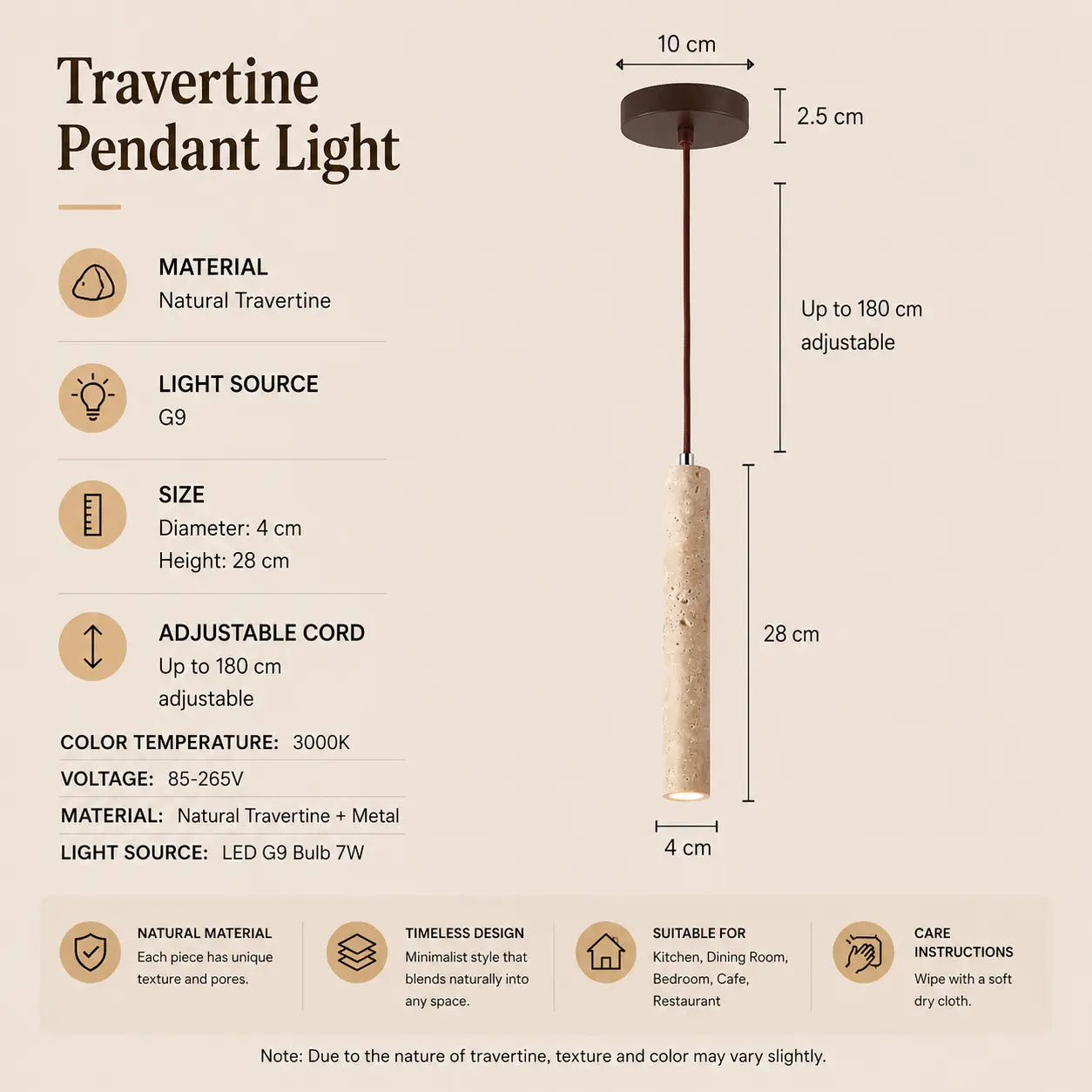 Neri travertine pendant light option 1 with product dimensions, material details, and lighting specifications