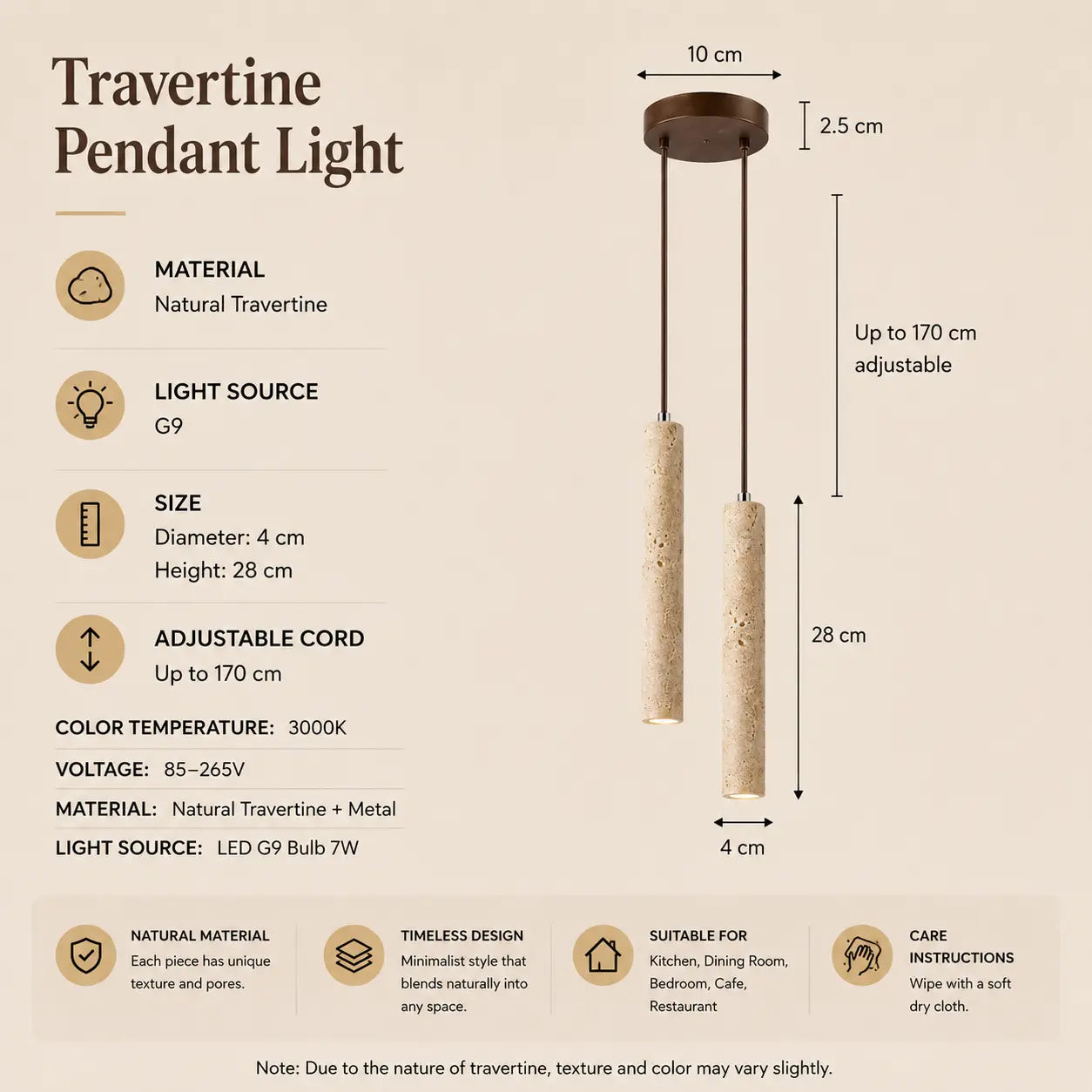 Neri travertine pendant light option 2 with product dimensions, material details, and lighting specifications