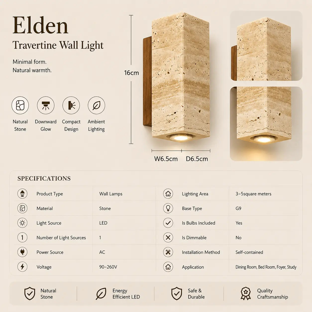 Niva travertine wall light option 1 with product dimensions and specifications