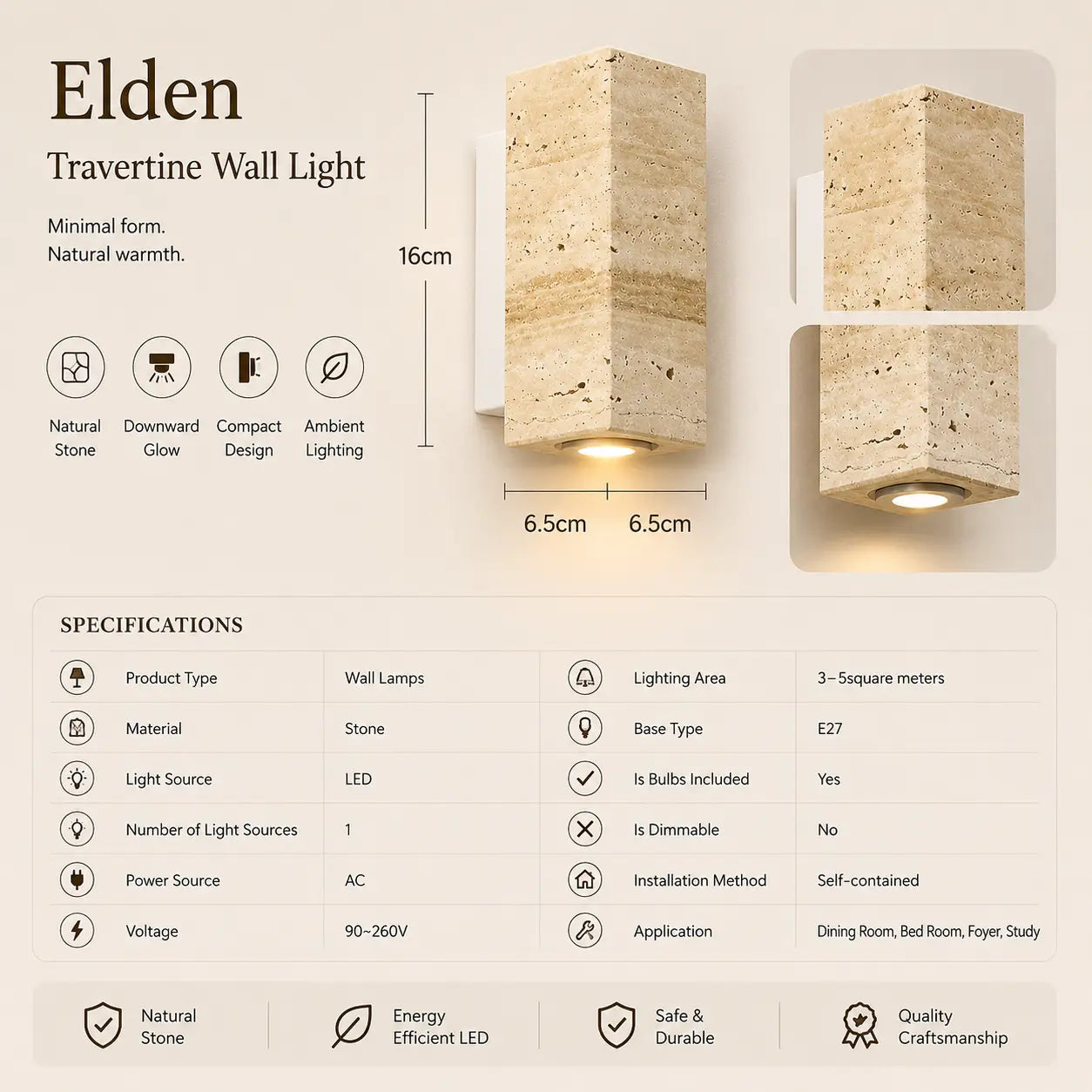 Niva travertine wall light option 2 with product dimensions and specifications