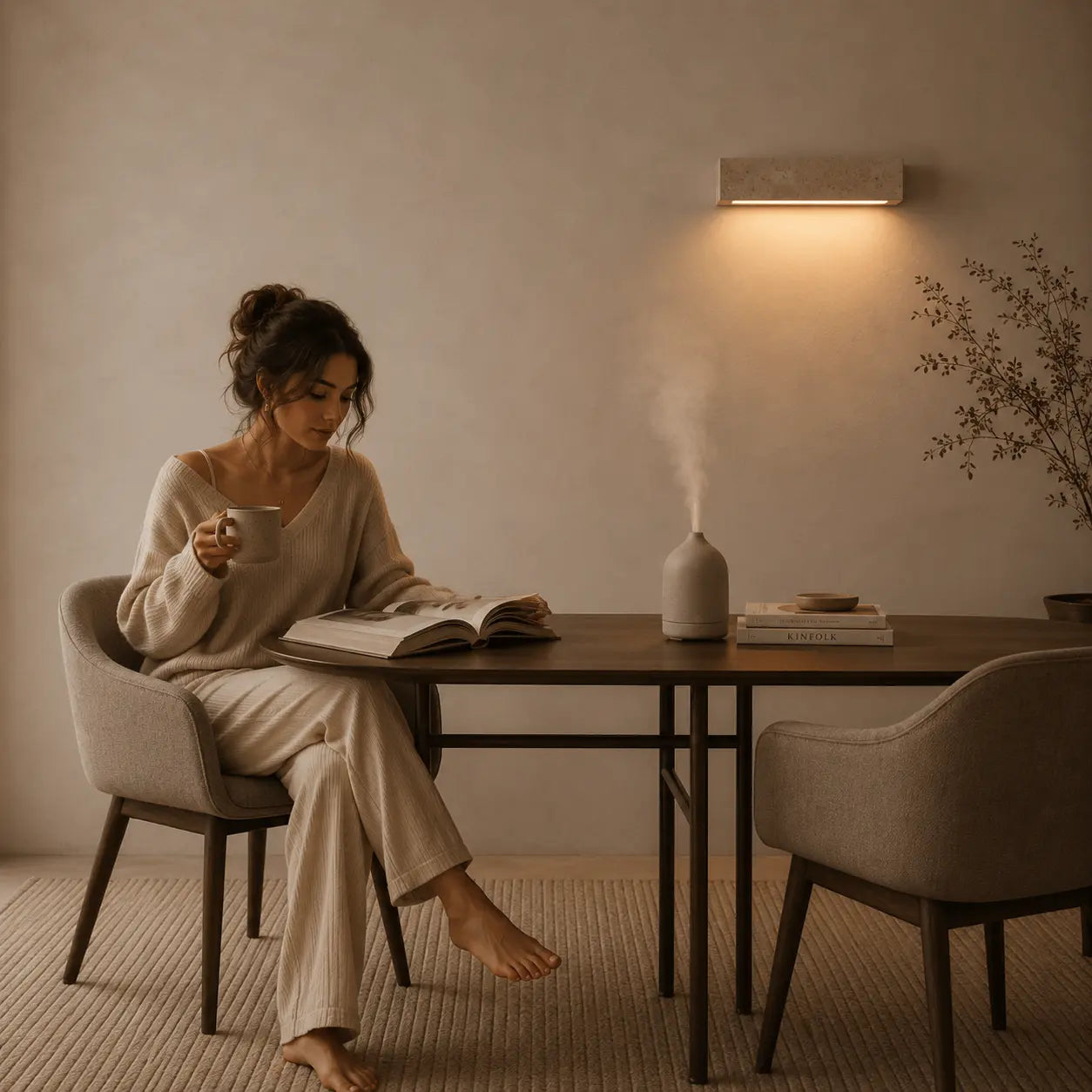 Noctis ceramic diffuser creating a calm warm atmosphere beside a desk in a quiet interior