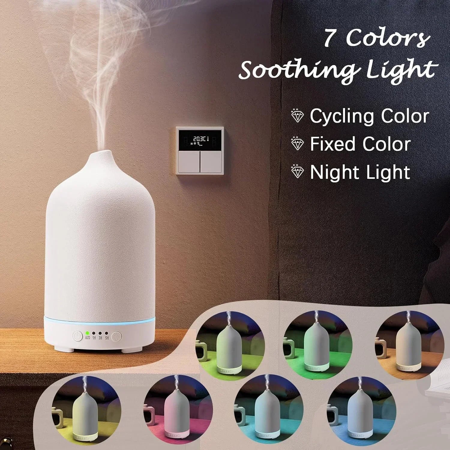 Noctis ceramic diffuser color light options and soft ambient lighting features