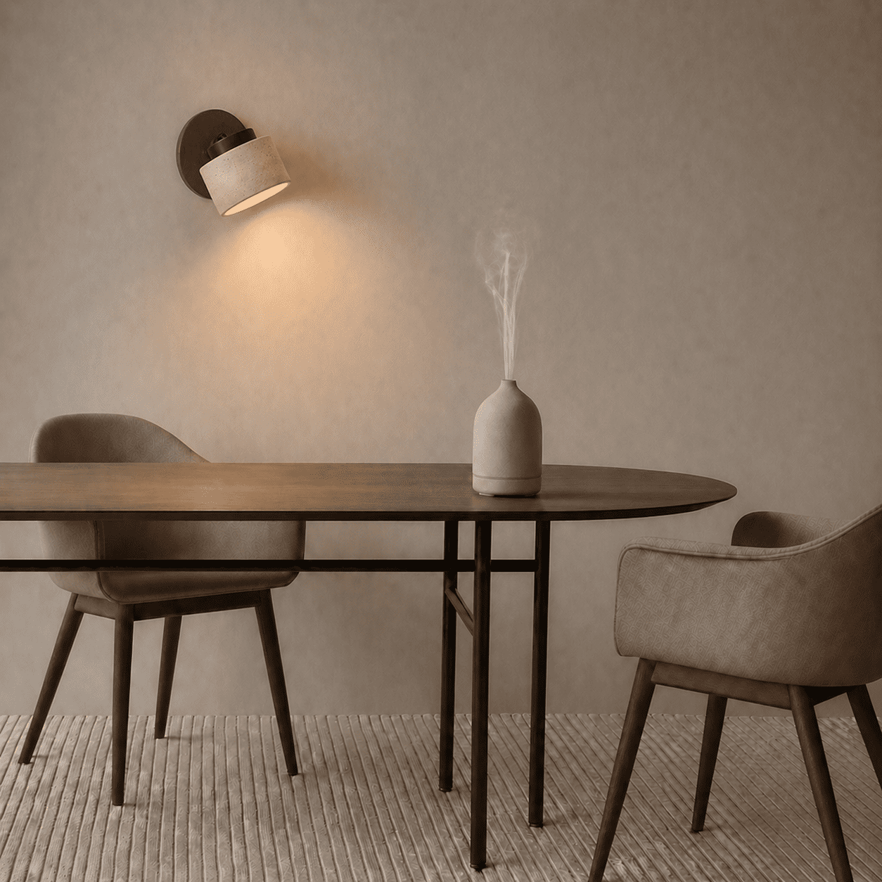 Noctis ceramic diffuser placed on a table in a calm neutral dining space