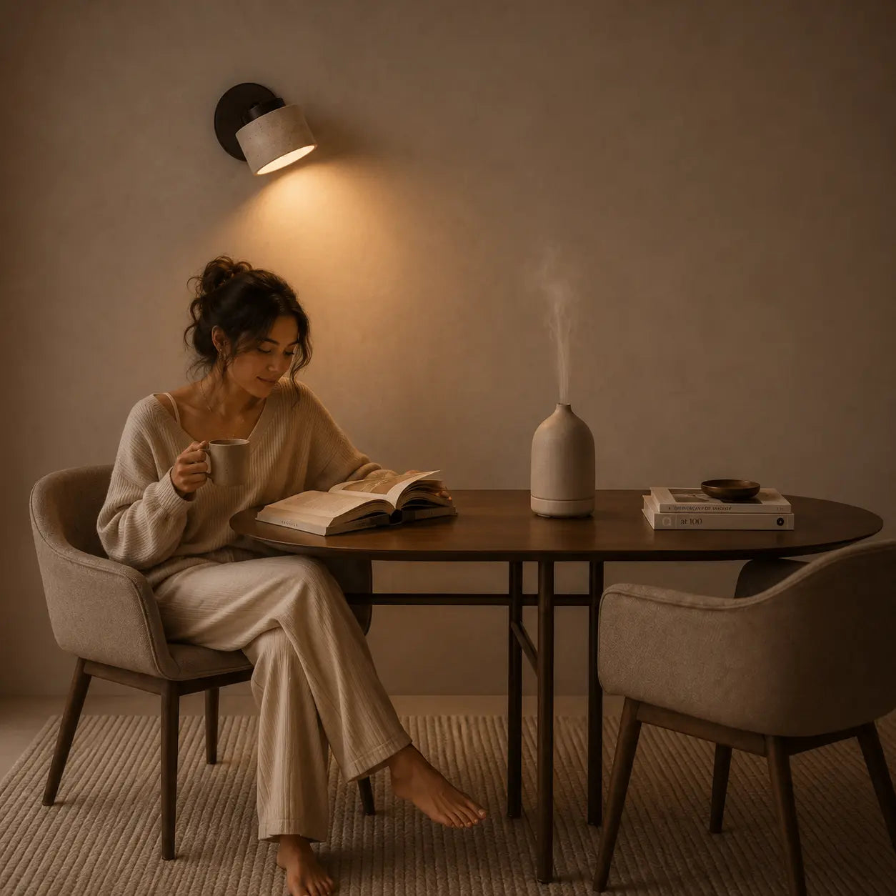 Noctis ceramic diffuser adding a soft calming presence to an evening desk routine