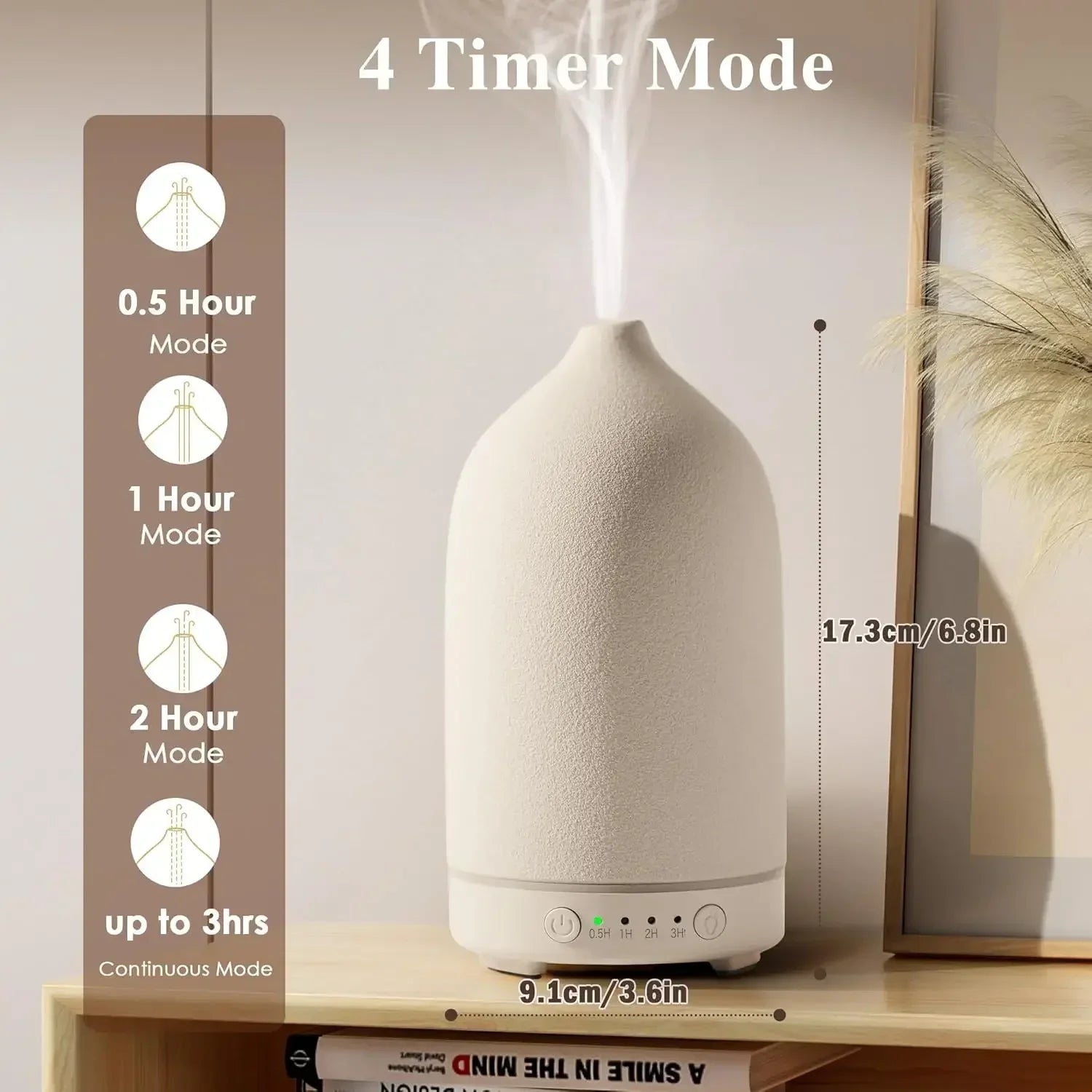 Noctis ceramic diffuser product features with white ceramic body and natural wood base