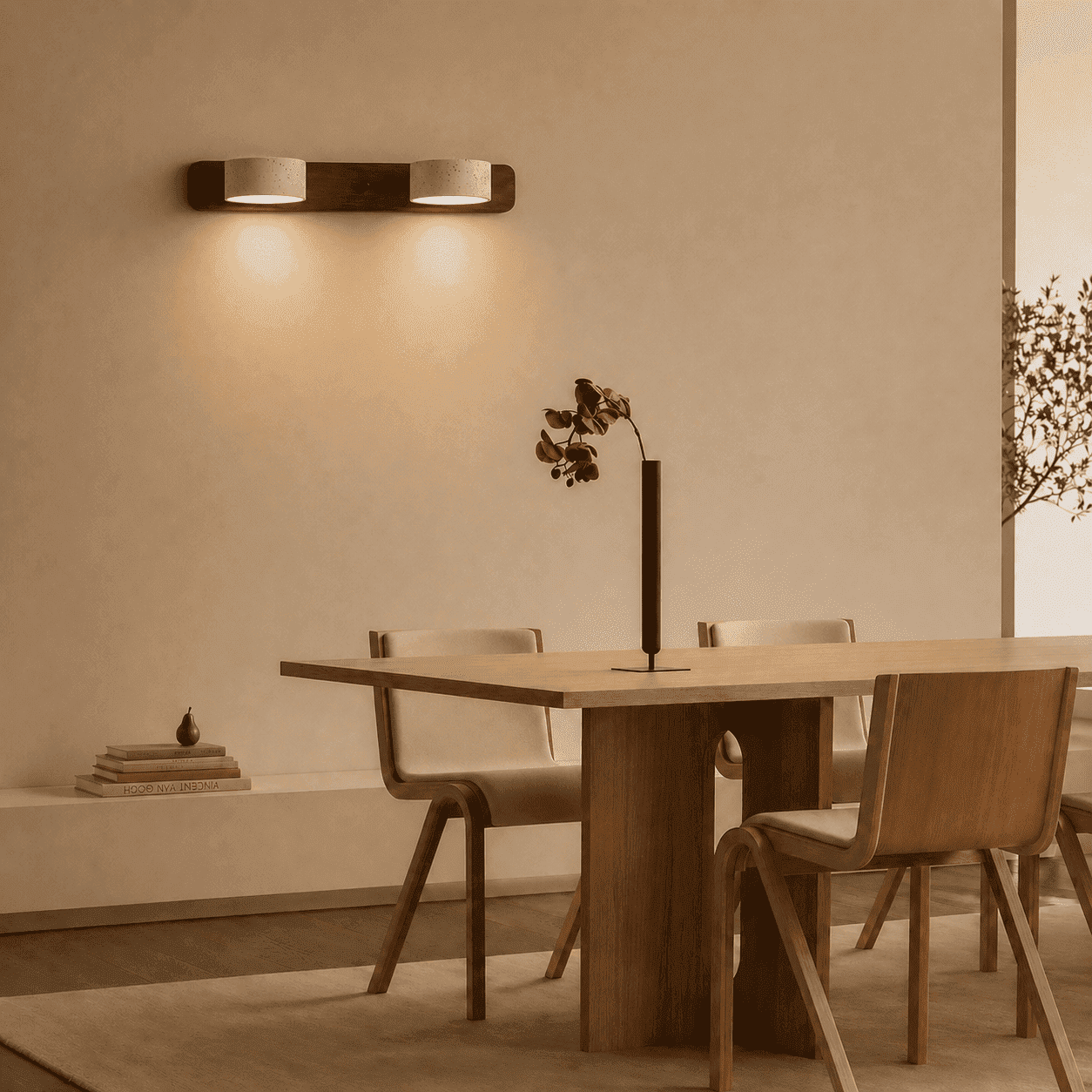 Oren travertine wall light adding soft warm illumination to a modern dining room
