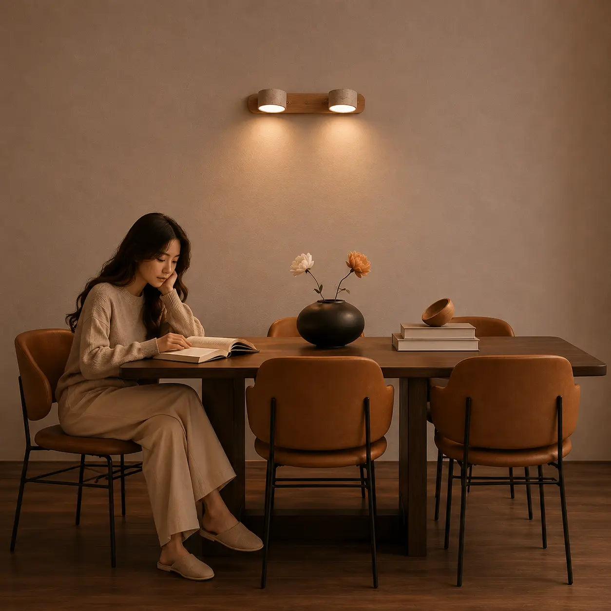 Oren travertine wall light adding warm evening atmosphere to a relaxed dining space