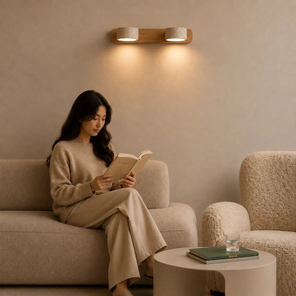 Oren travertine wall light creating soft warm ambient lighting beside a living room sofa