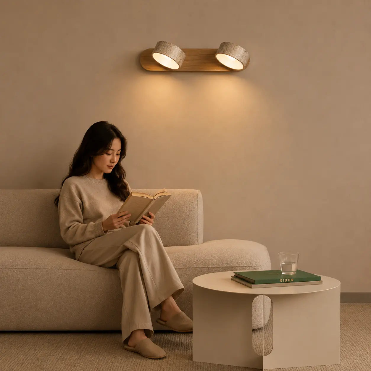 Oren travertine wall light adding a calm warm glow to a quiet lounge corner