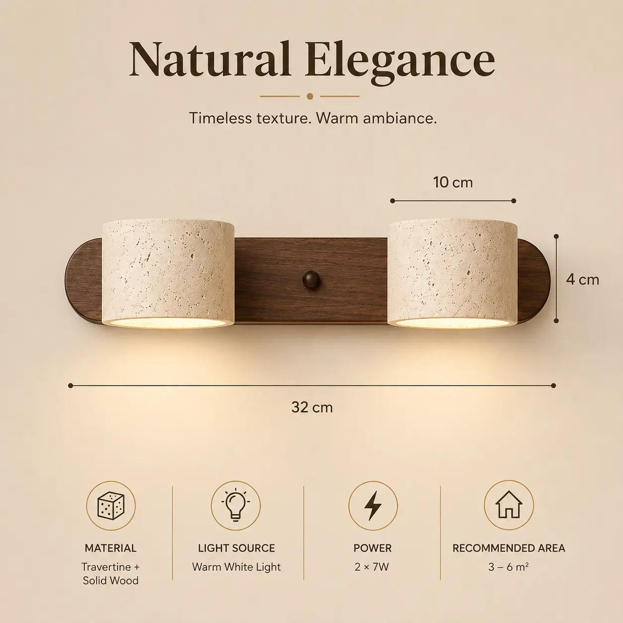 Oren travertine wall light product details with dimensions, materials, and lighting features