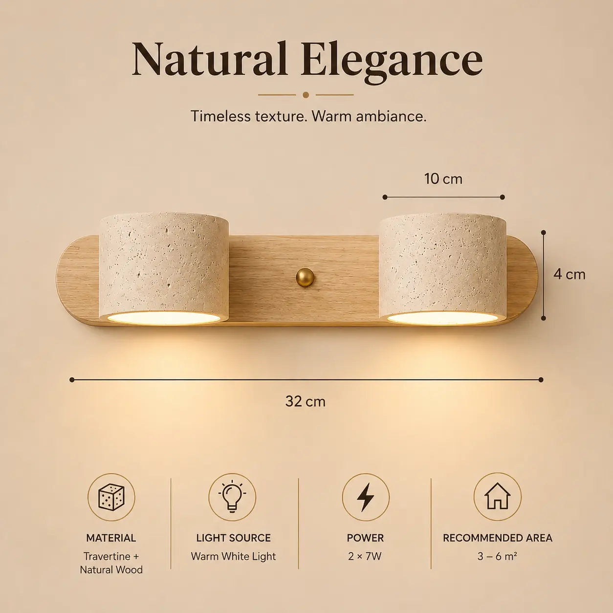 Oren travertine wall light feature overview with dual stone shades and warm ambient lighting