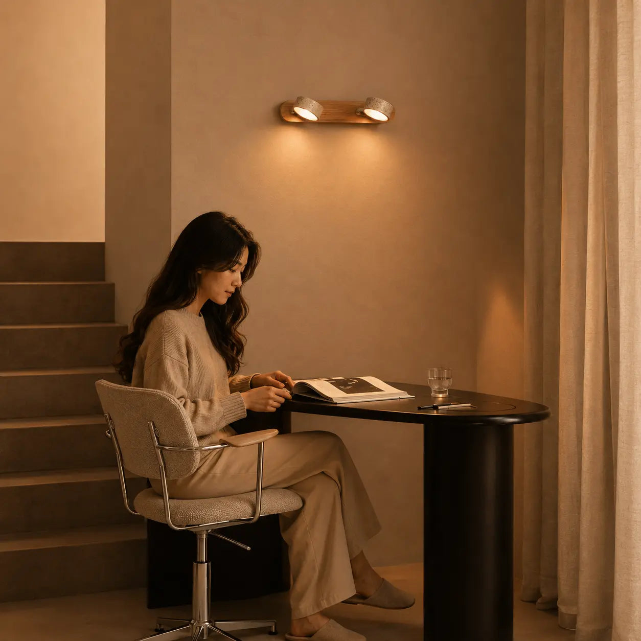 Oren travertine wall light creating a soft warm glow above a quiet reading desk