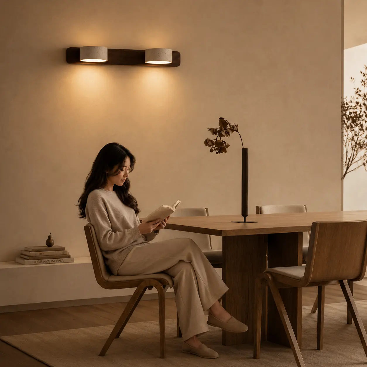Oren travertine wall light creating focused warm light in a modern study corner