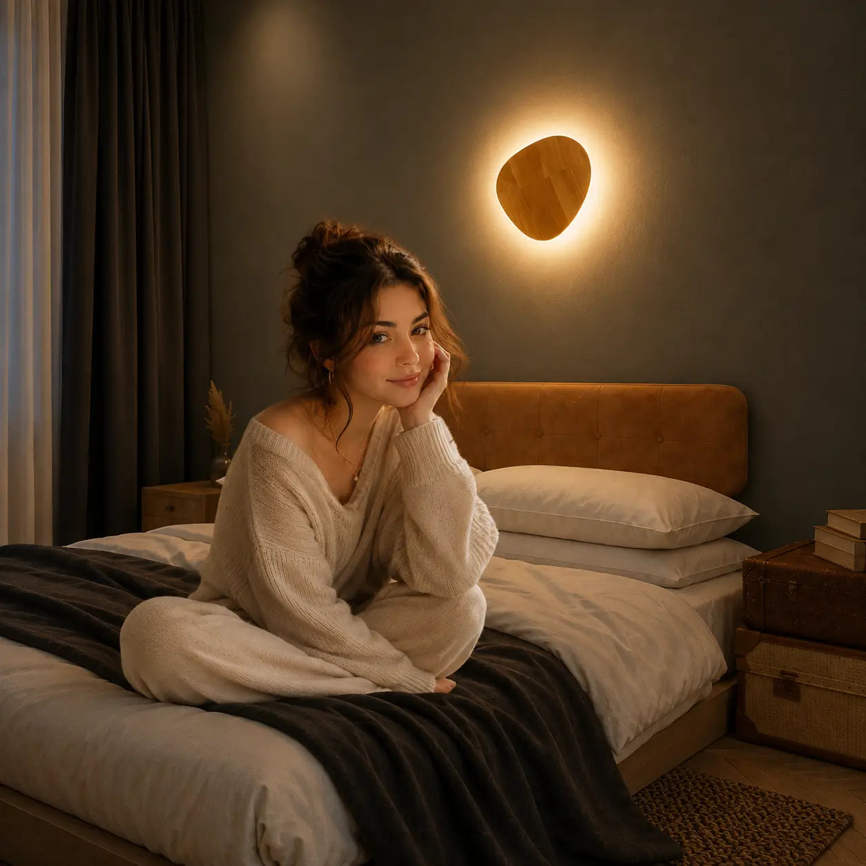 Orvane wooden wall light creating soft warm atmosphere beside a bedroom bed
