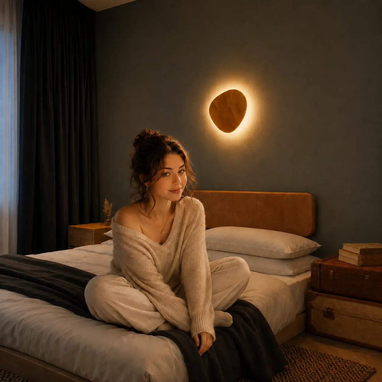 Orvane wooden wall light adding a quiet warm glow beside a lounge chair for evening reading