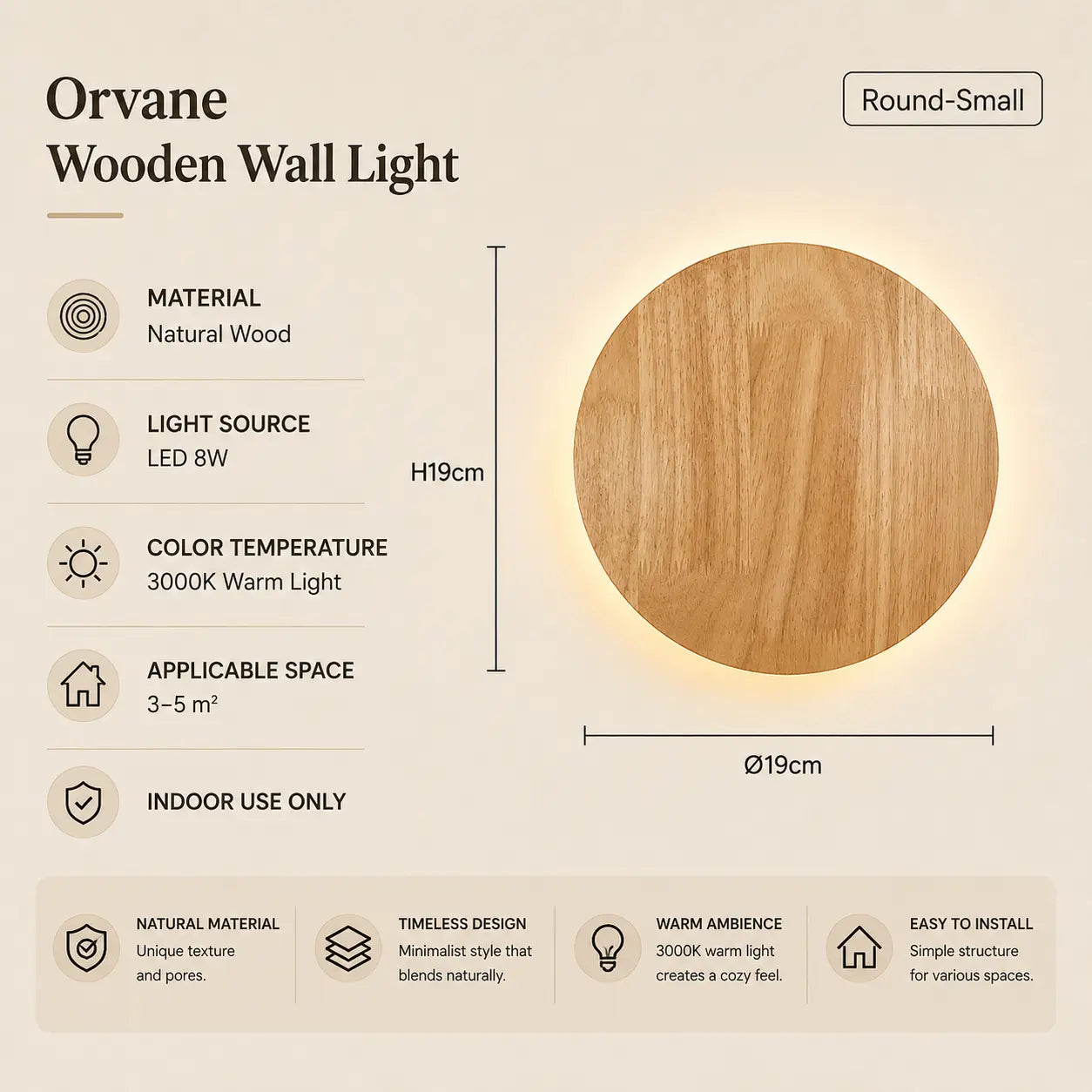 Orvane wooden wall light option 1 with product dimensions, material details, and lighting specifications