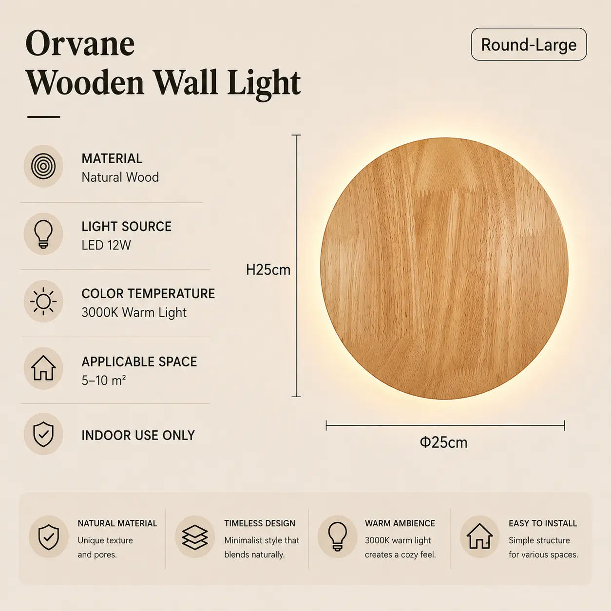 Orvane wooden wall light option 2 with product dimensions, material details, and lighting specifications