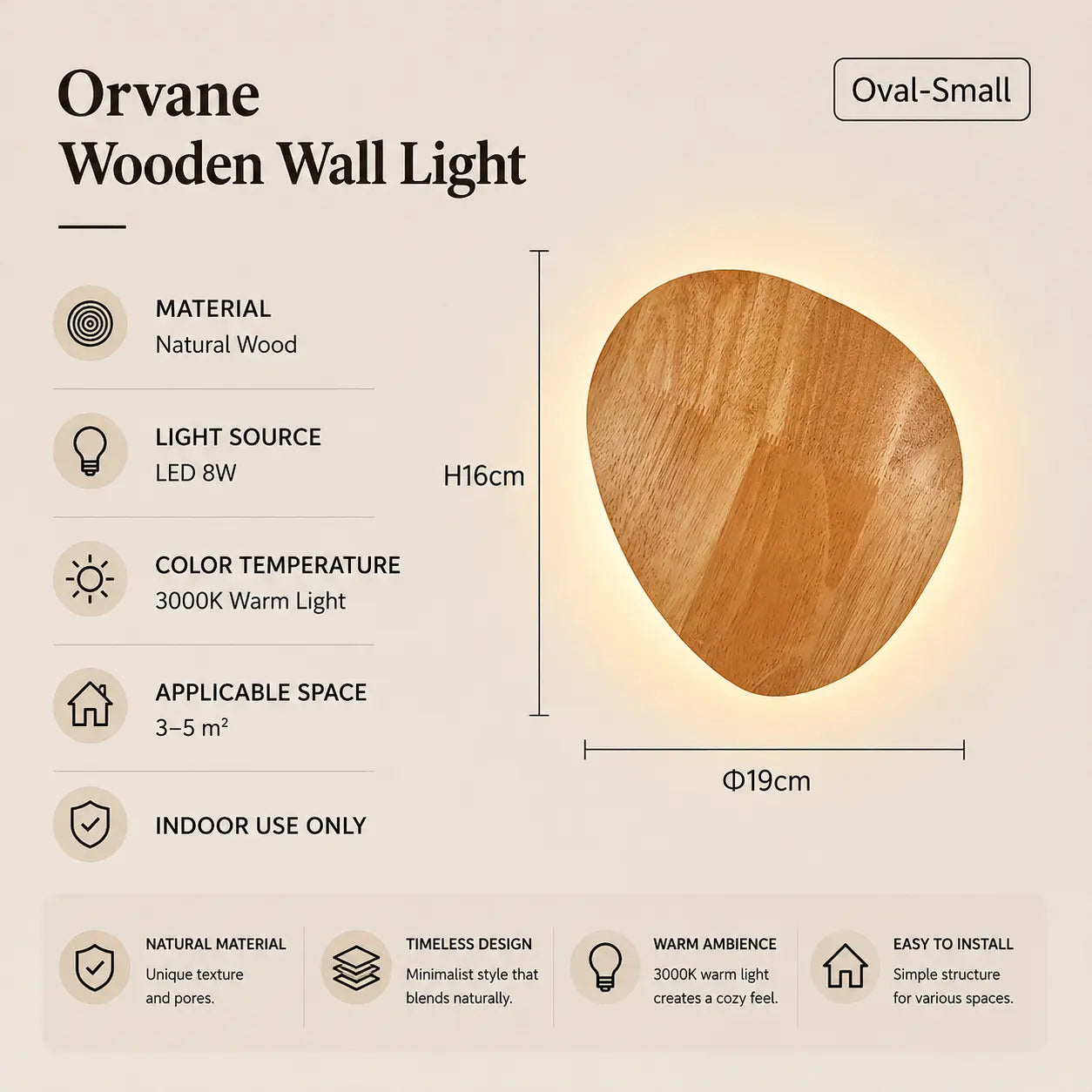 Orvane wooden wall light option 3 with product dimensions, material details, and lighting specifications