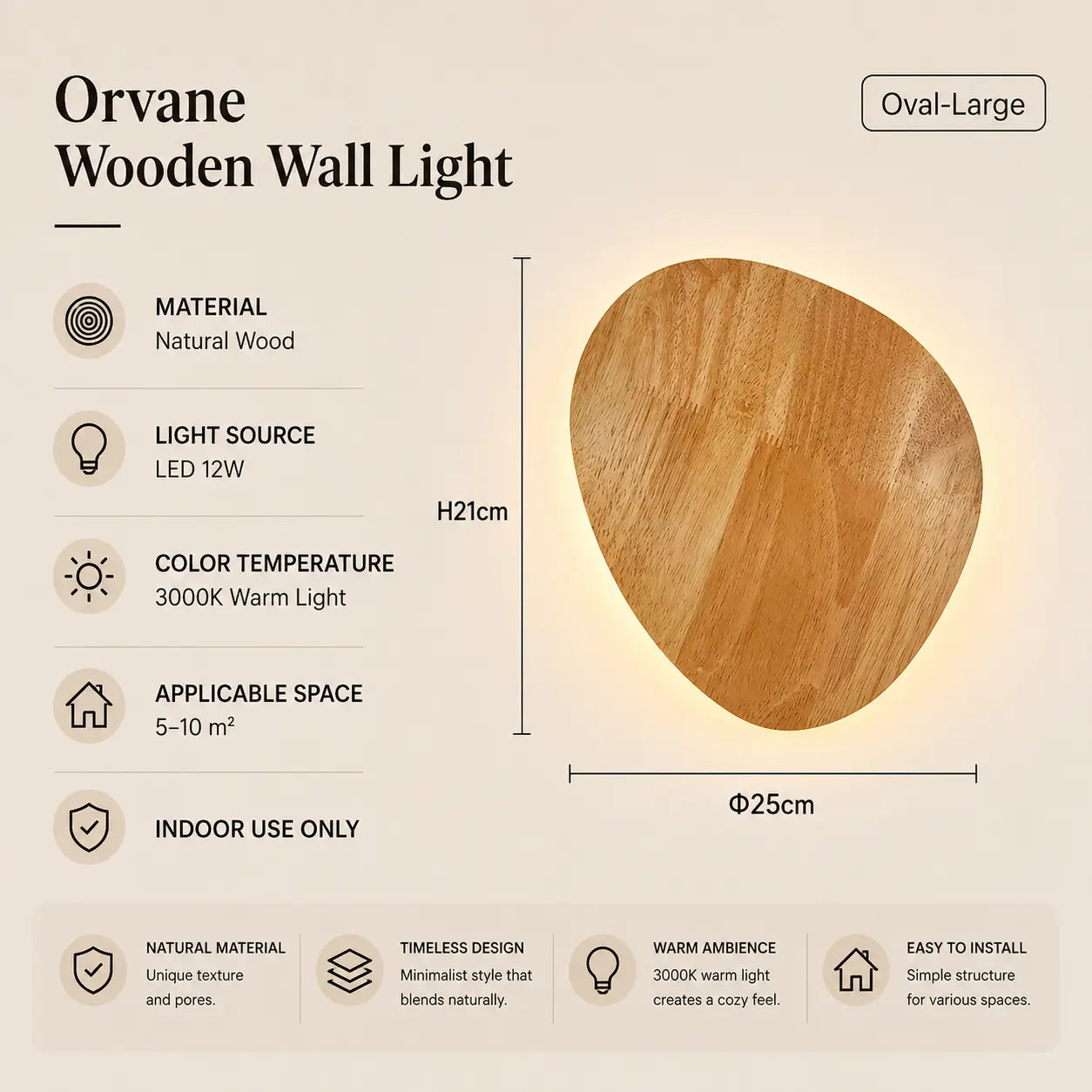 Orvane wooden wall light option 4 with product dimensions, material details, and lighting specifications
