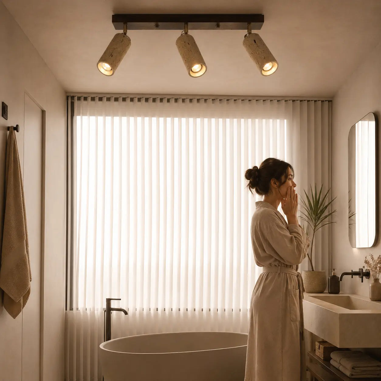 Rhea stone ceiling light providing warm low-profile lighting in a calm bedroom interior