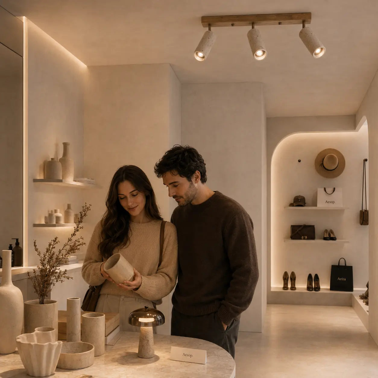 Rhea stone ceiling light creating warm overhead light in a modern home interior