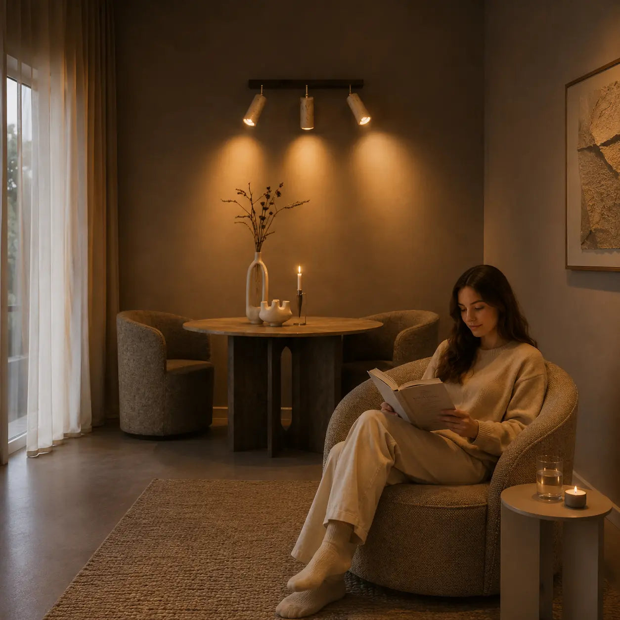 Rhea stone ceiling light creating a warm and relaxed evening atmosphere in a lounge