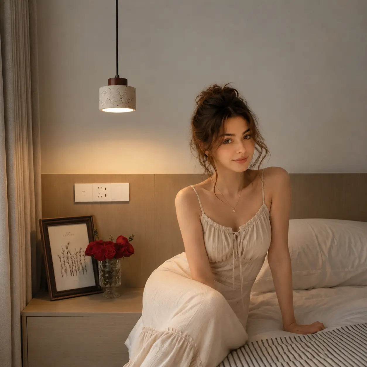 Selo stone pendant light creating a soft warm glow beside a calm bedroom bed