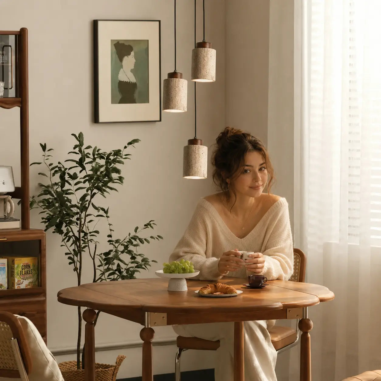 Selo stone pendant light adding a soft warm glow to a relaxed bedroom setting