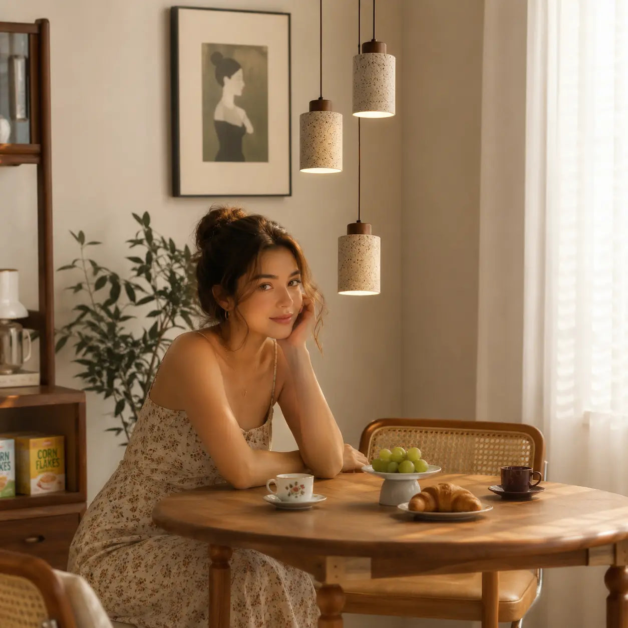 Selo stone pendant light creating a warm calm mood beside a small home desk