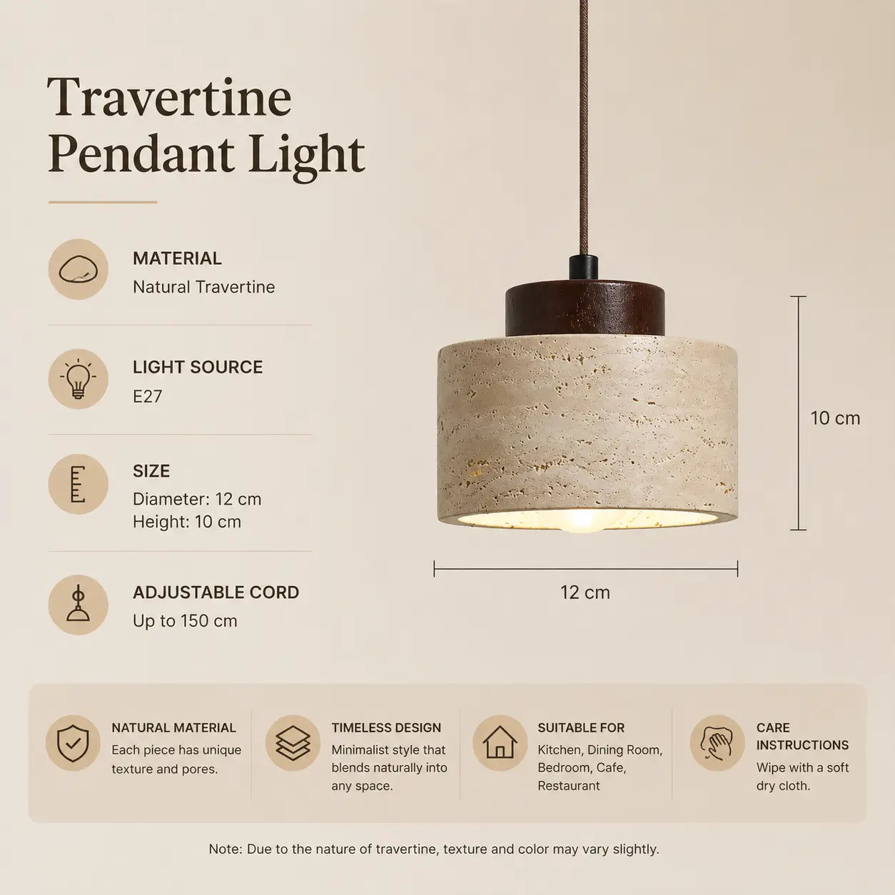 Selo stone pendant light option 1 with product dimensions, material details, and lighting specifications