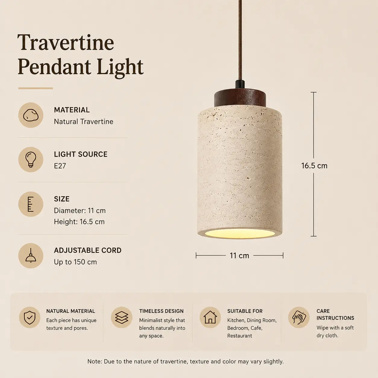 Selo stone pendant light option 2 with product dimensions, material details, and lighting specifications
