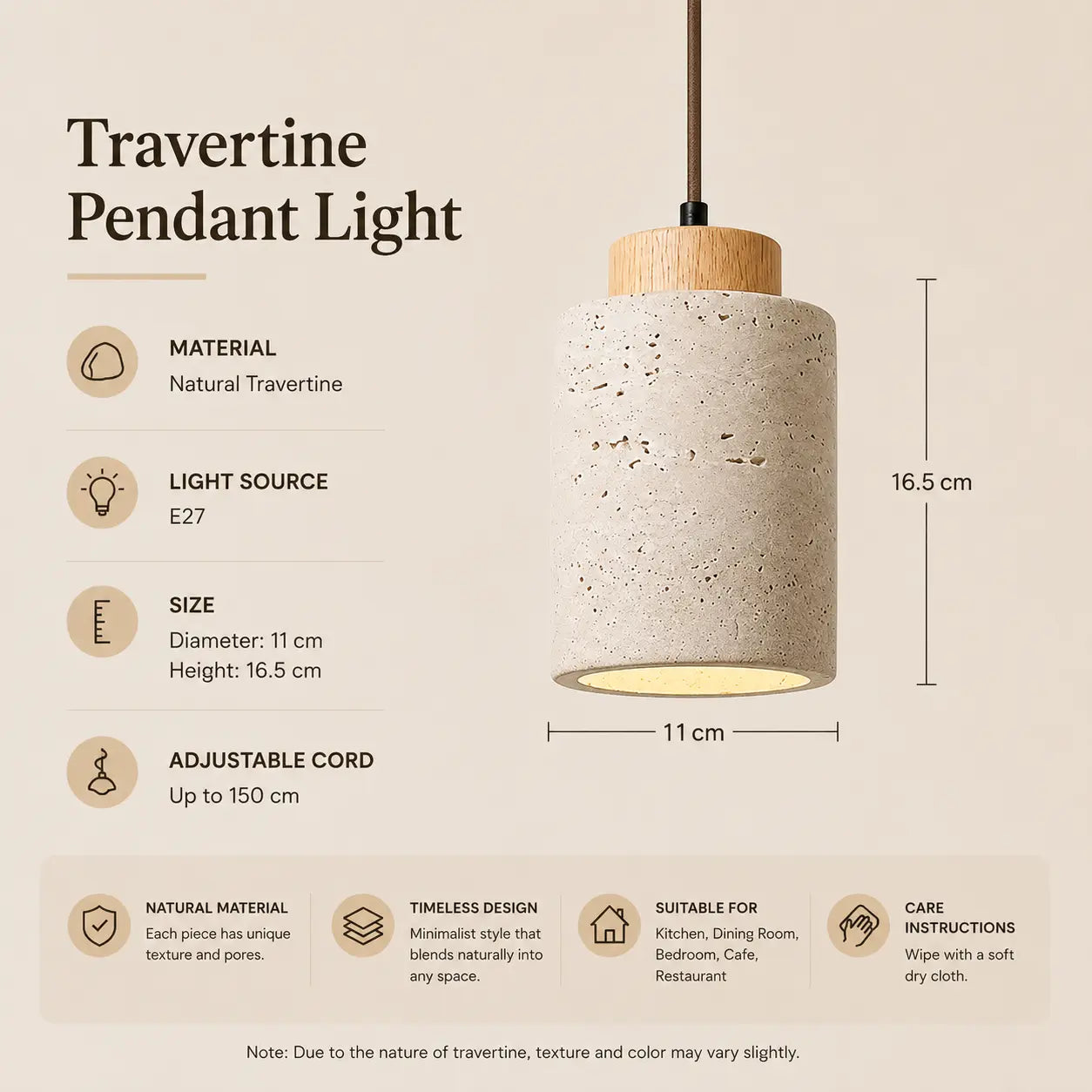 Selo stone pendant light option 3 with product dimensions, material details, and lighting specifications