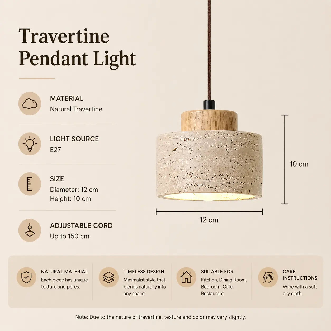 Selo stone pendant light option 4 with product dimensions, material details, and lighting specifications