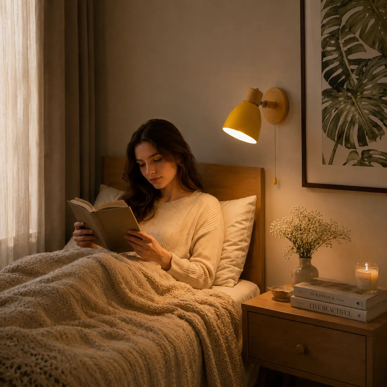 Solenne macaron wall sconce creating warm bedside reading light in a calm bedroom