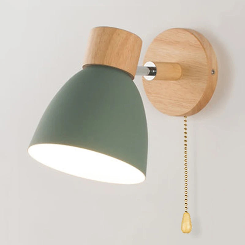 Solenne macaron wall sconce green color option with natural wood mount and pull cord