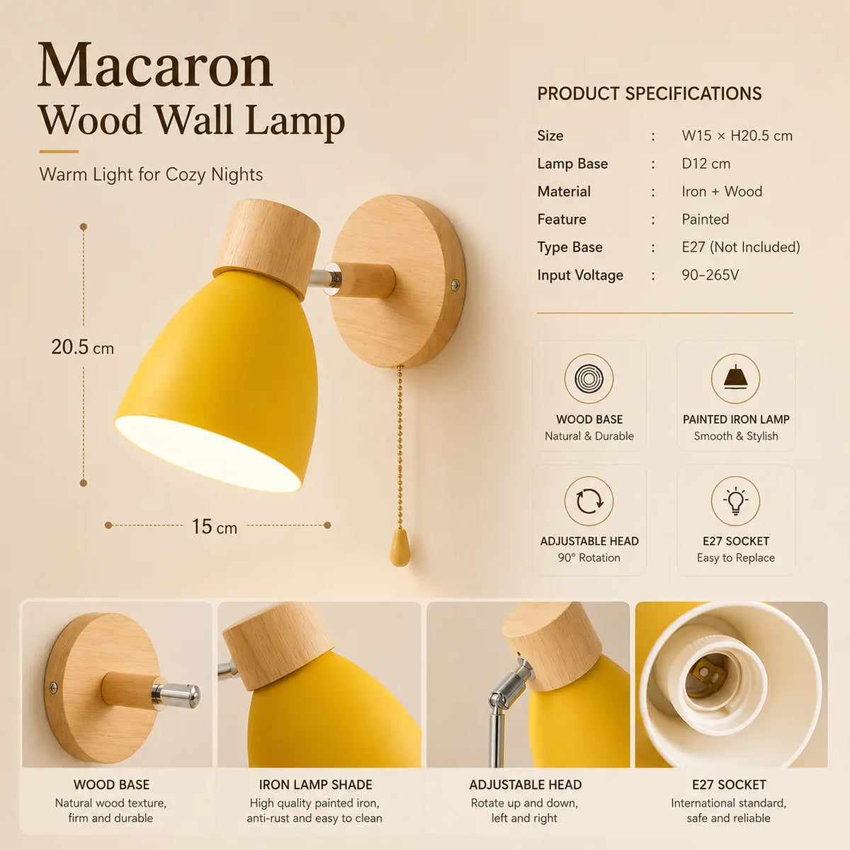 Solenne macaron wall sconce product specifications with color options, dimensions, and lighting details