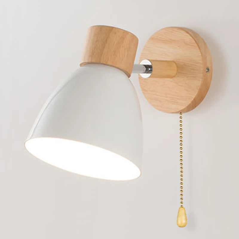 Solenne macaron wall sconce white color option with natural wood mount and pull cord