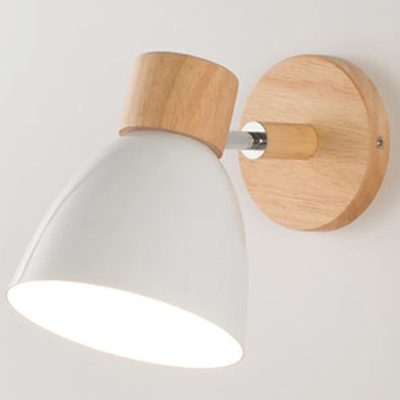 Solenne macaron wall sconce in white with adjustable shade and natural wood wall mount