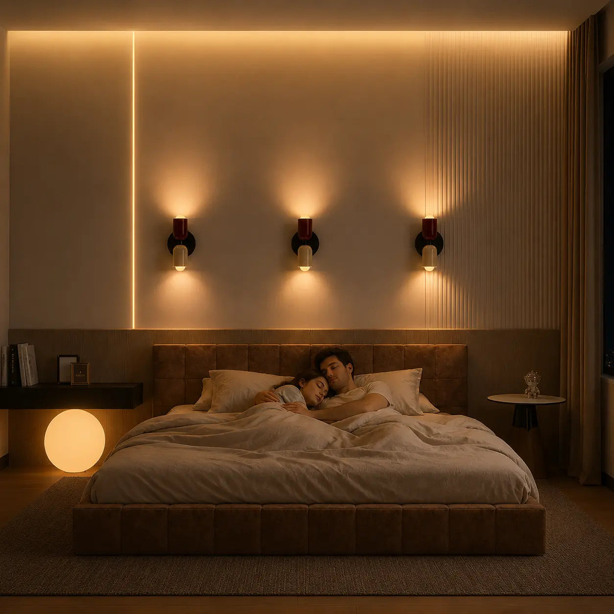 Solvi macaron wall light creating soft warm ambient lighting above a calm bedroom bed