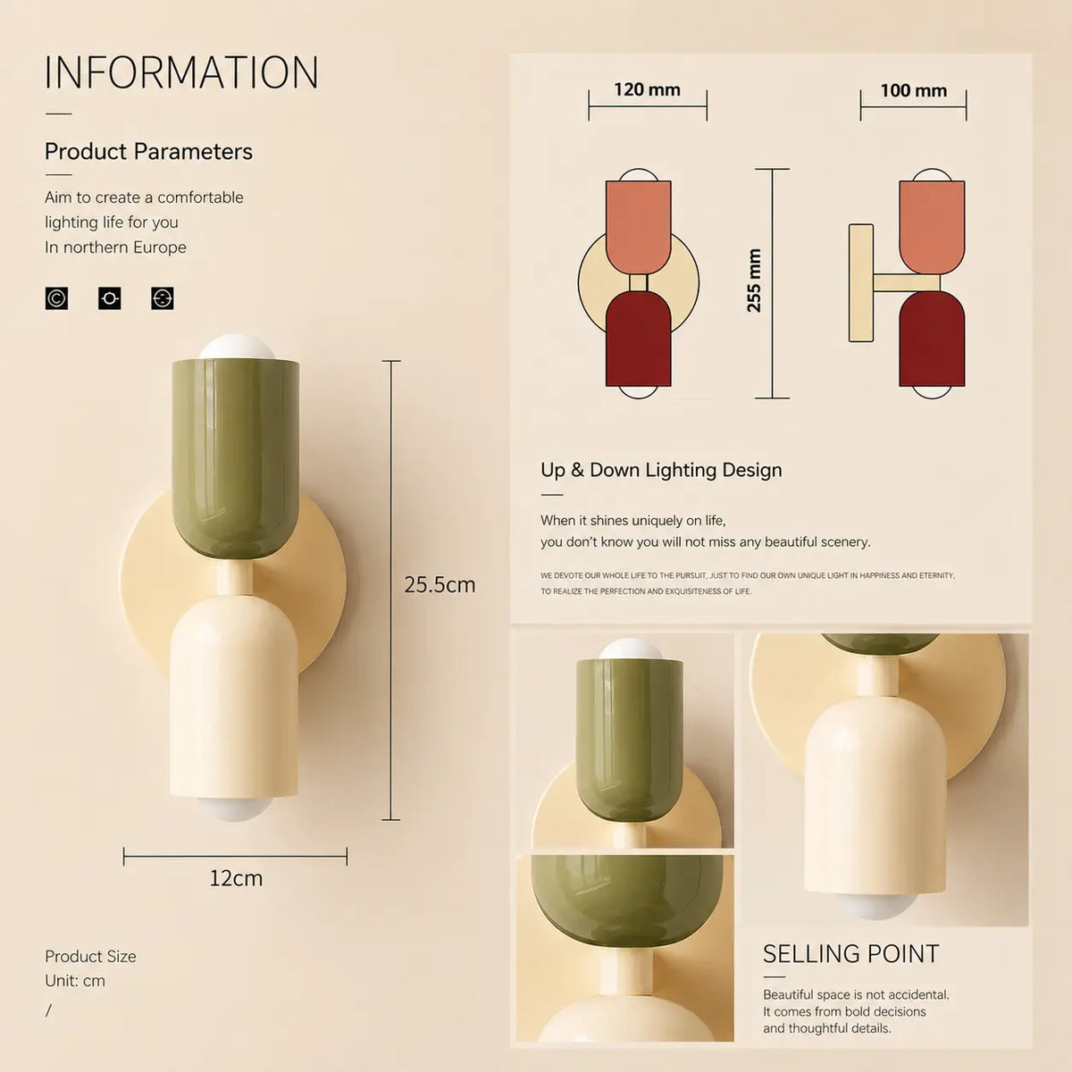 Solvi macaron wall light color options and specifications with dimensions and warm lighting details