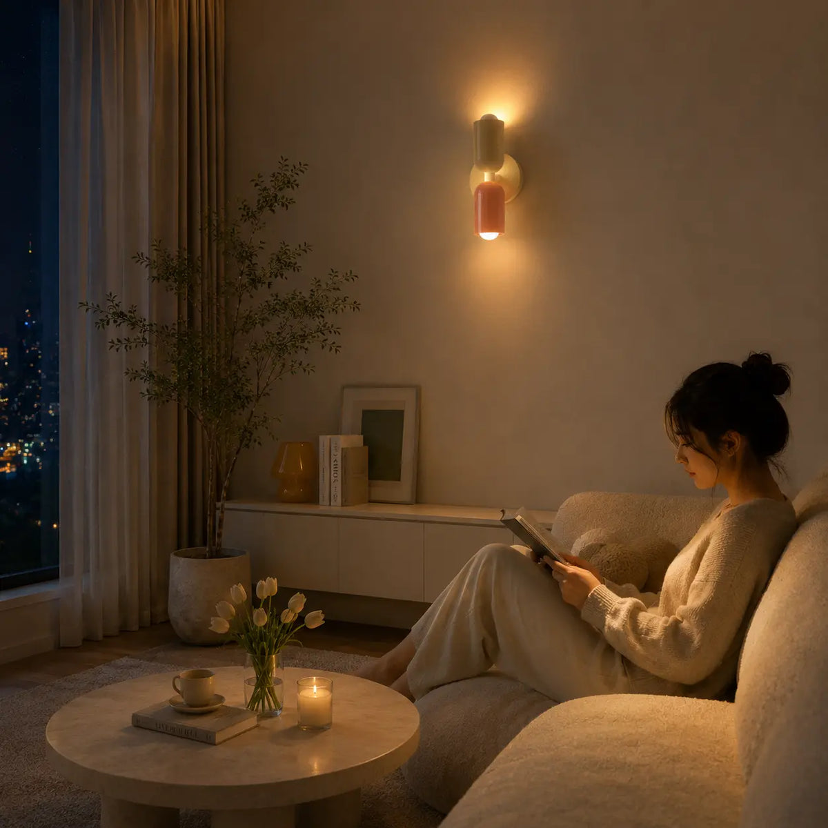 Solvi macaron wall light adding warm playful atmosphere to a relaxed living room corner