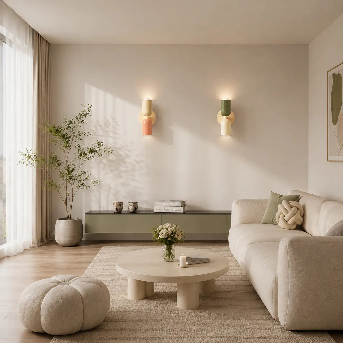 Two Solvi macaron wall lights adding soft warm light to a bright modern living room
