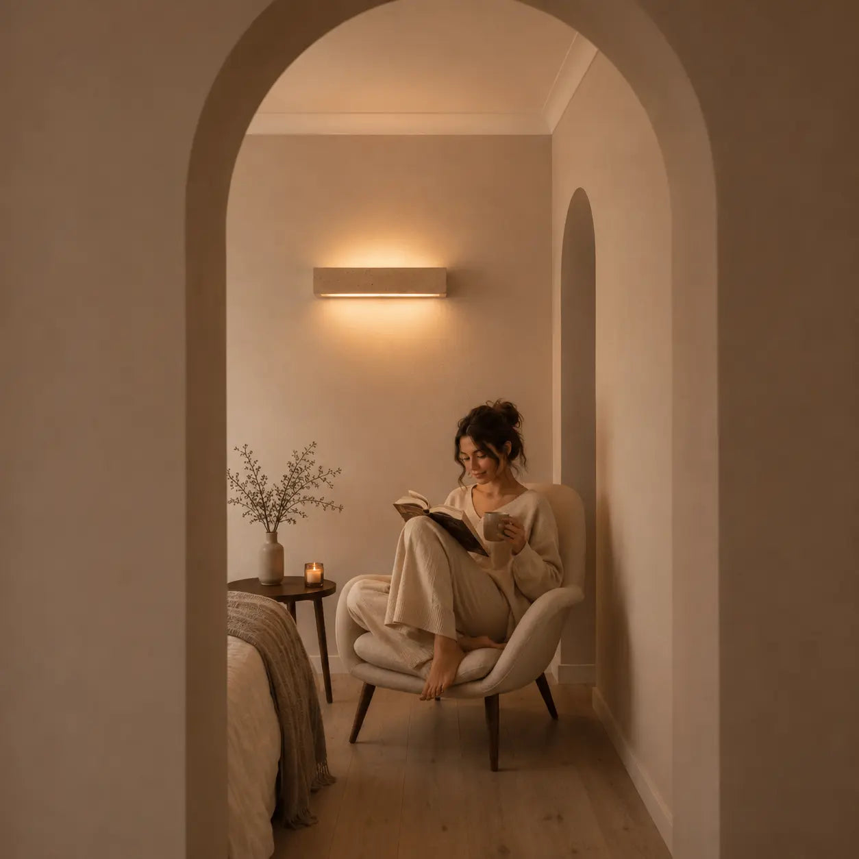 Tarin stone wall light adding a soft warm glow inside an arched interior nook