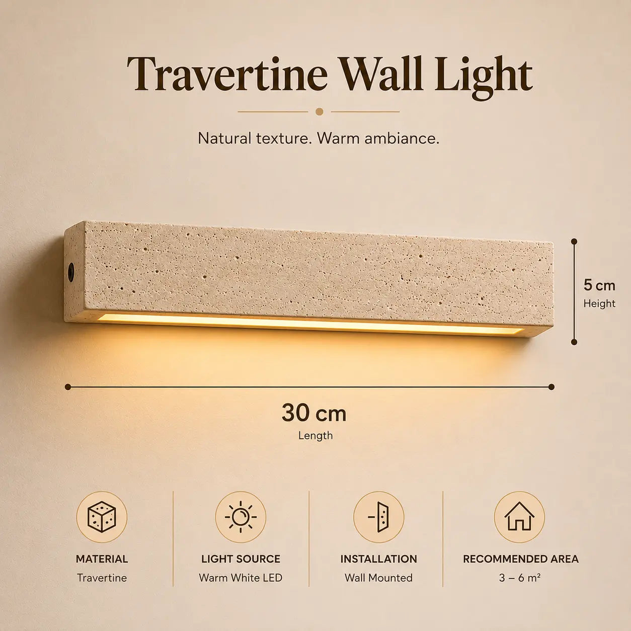 Tarin stone wall light product specifications with dimensions and lighting details
