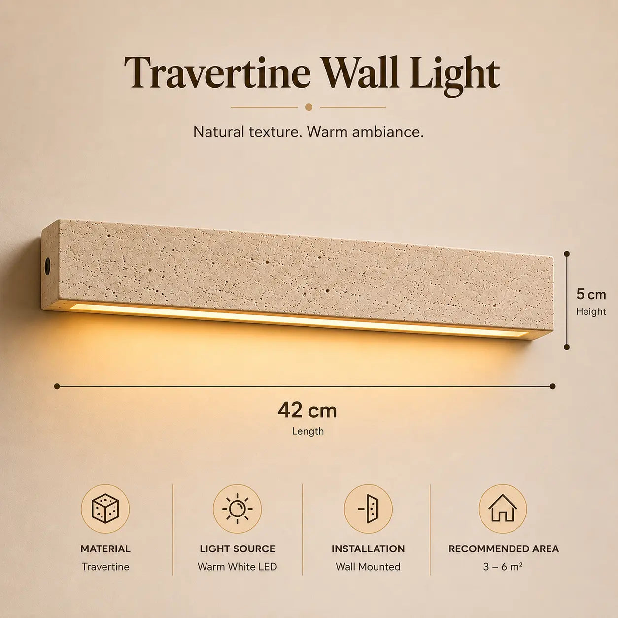 Tarin stone wall light feature overview with a slim wall-mounted design and warm illumination