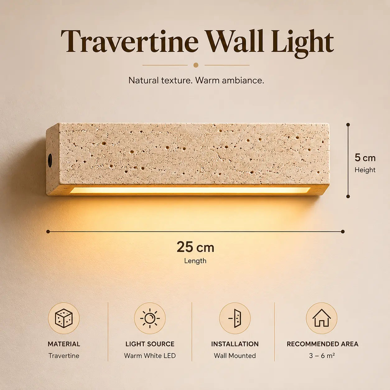Tarin stone wall light technical details with material, dimensions, and lighting information
