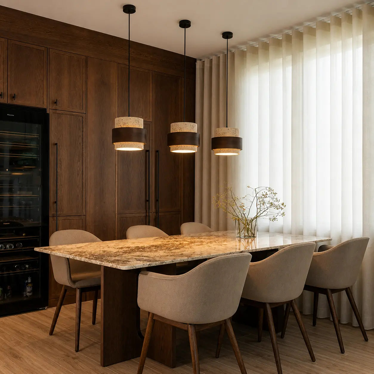 Tova stone pendant light creating warm focused light above a modern dining table