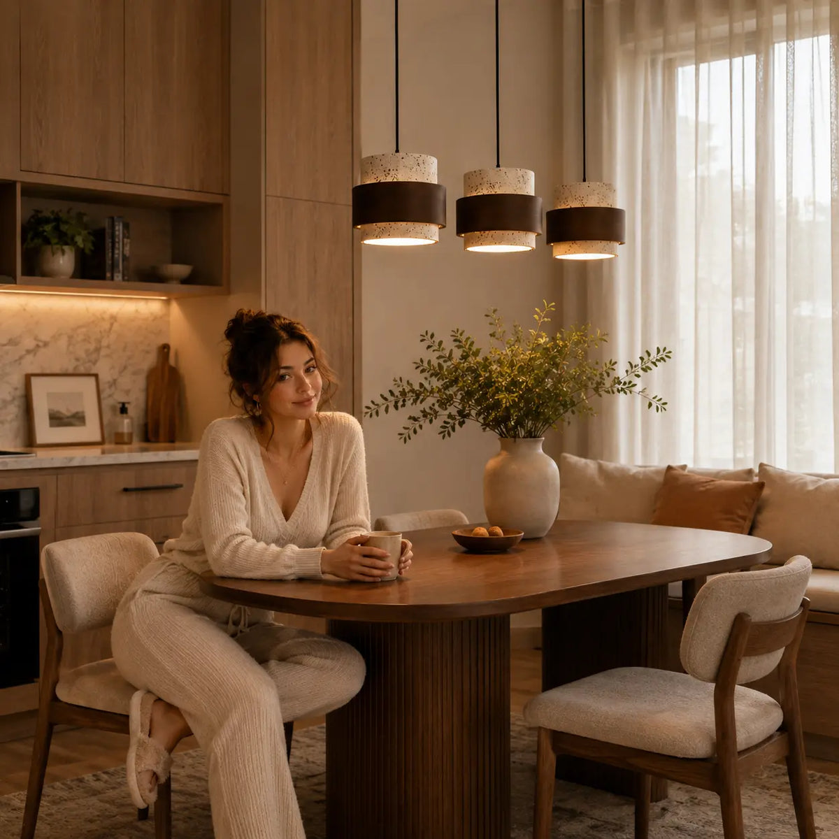 Tova stone pendant light bringing soft warm illumination to a kitchen and dining space